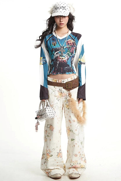 Vintage Pleated Jersey Long Sleeve T-Shirt