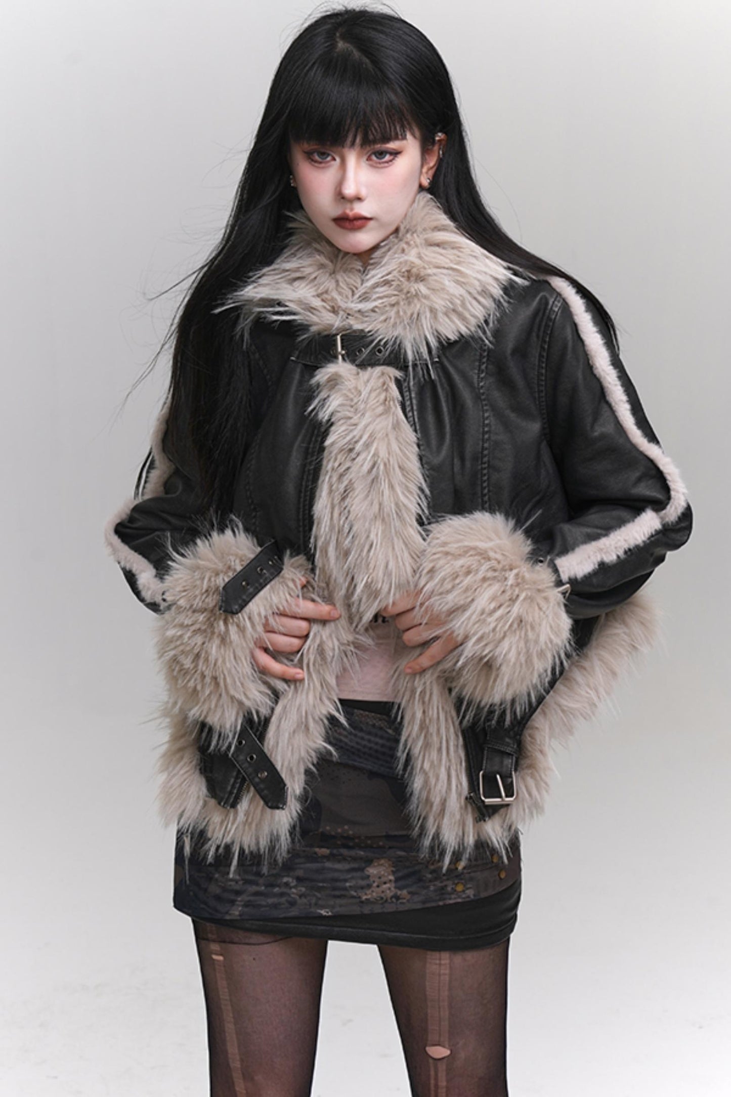 Ghost Girl, Eco-friendly Fur, Big Fur Collar, Fur Integrated Thick Jacket, Female, Autumn and Winter, Unique, Super Good-looking Leather Girl