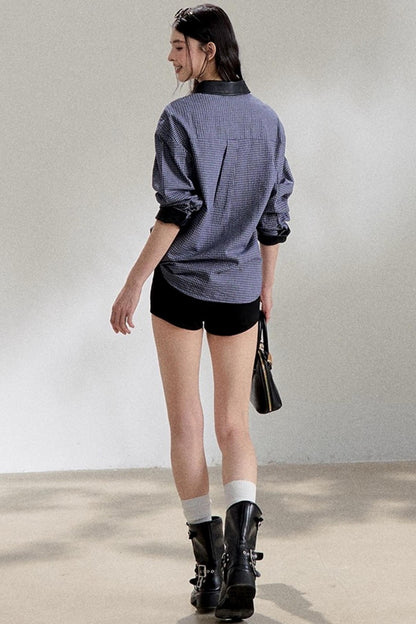 Navy Blue PU Leather Plaid Shirt