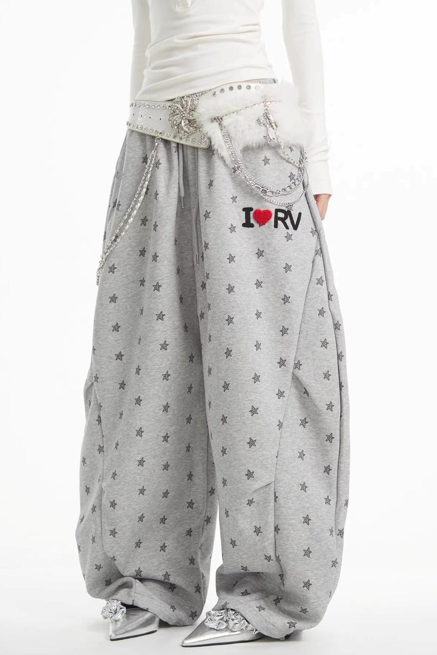 회색 별 프린트 와이드 레그 팬츠