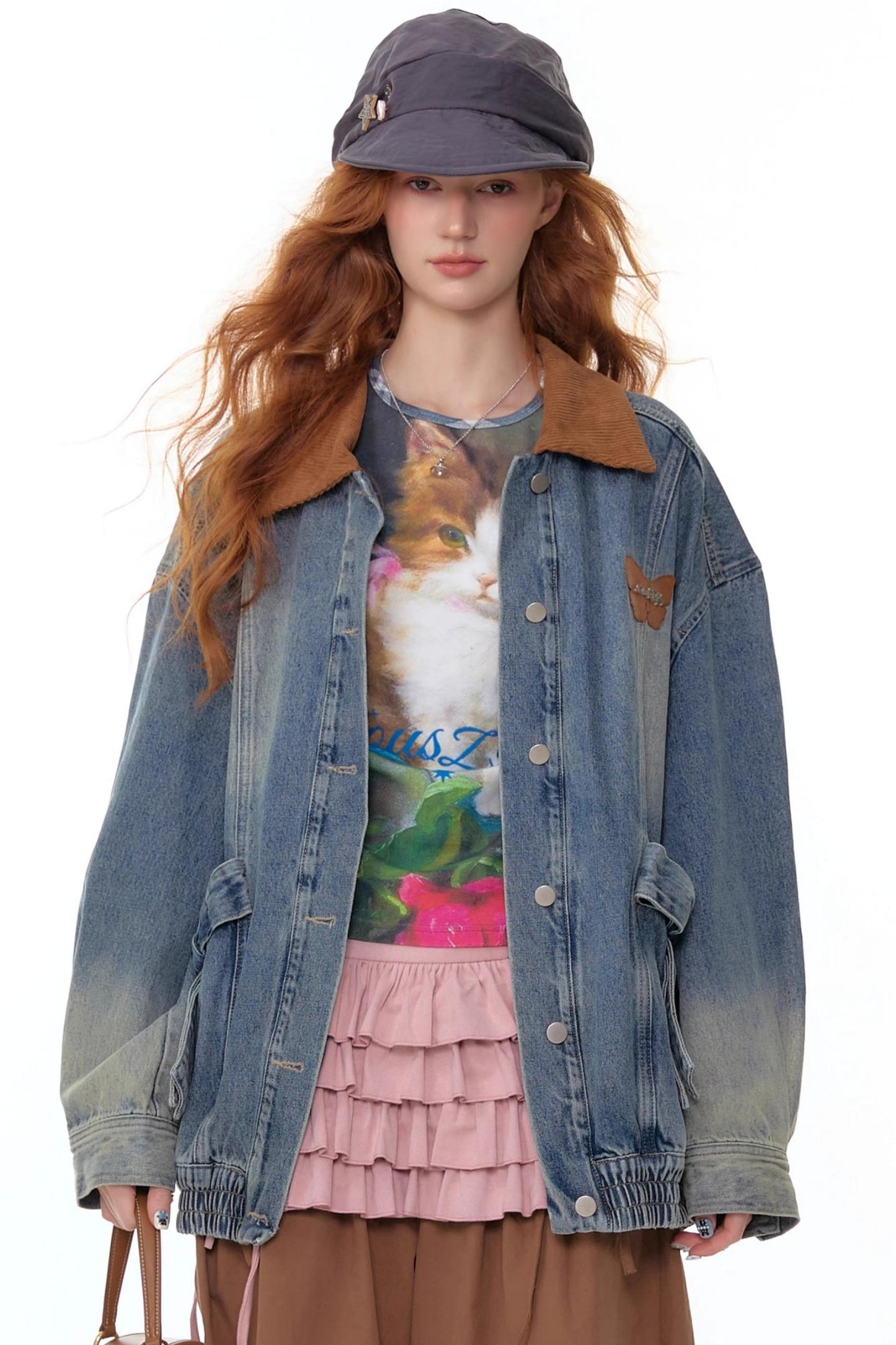 Bow Corduroy Collar Retro Denim Jacket