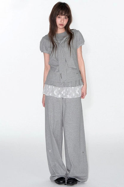 Navy Lace Short Sleeve Cinched Waist Top Set-Up