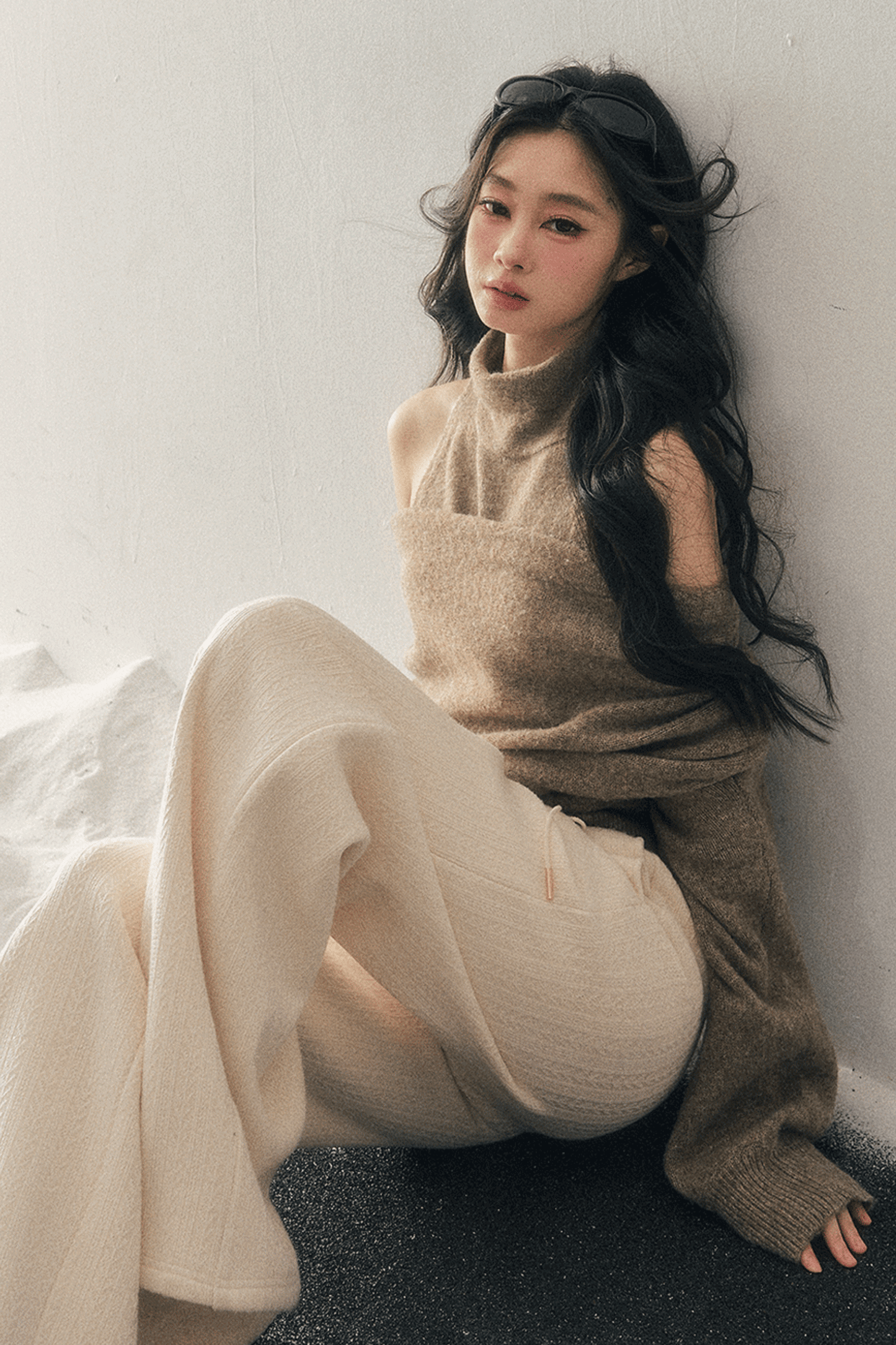 High-Neck Off-Shoulder Knit Sweater Set