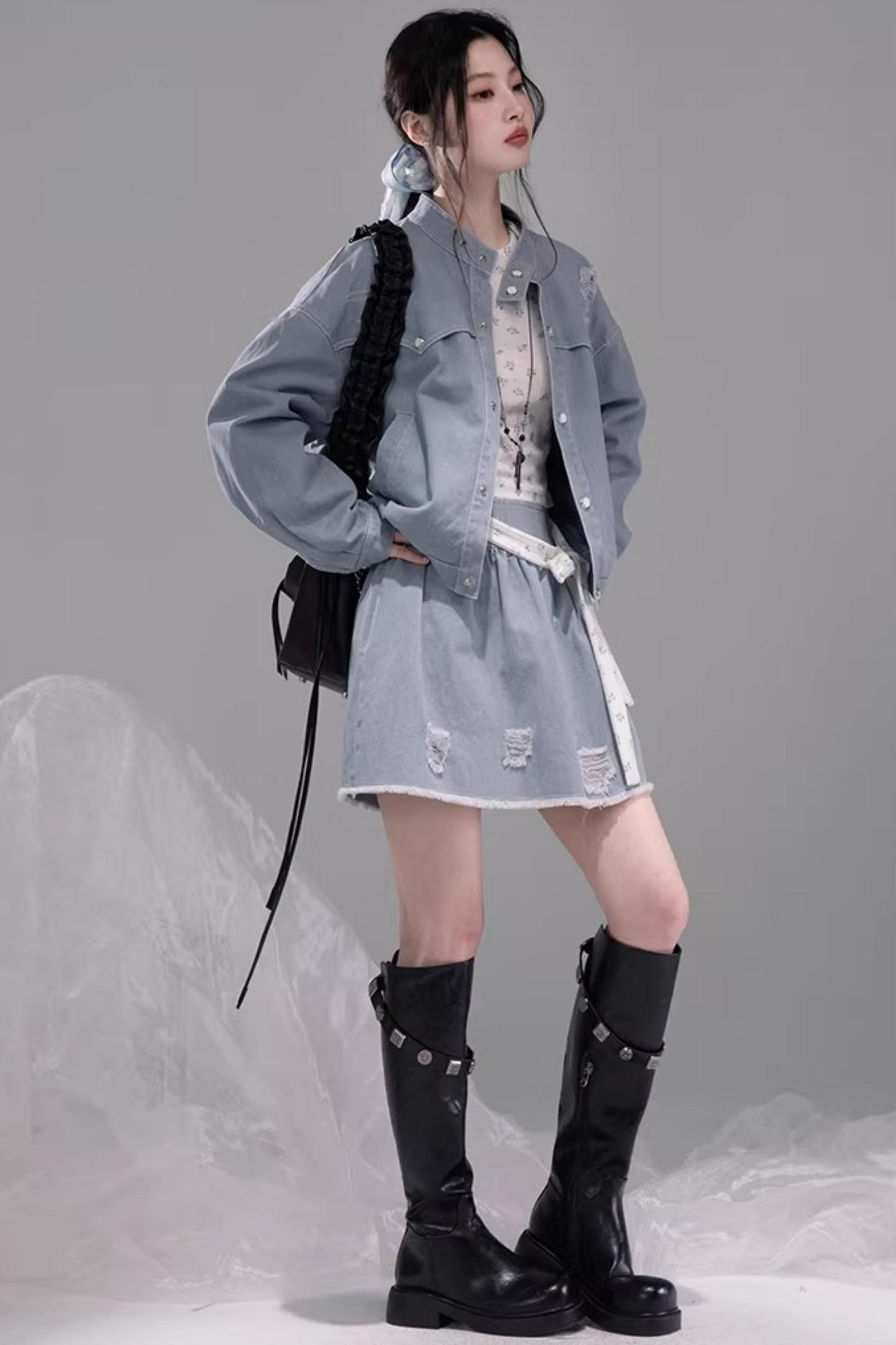 디스트레스드 록 데님 재킷 셋업