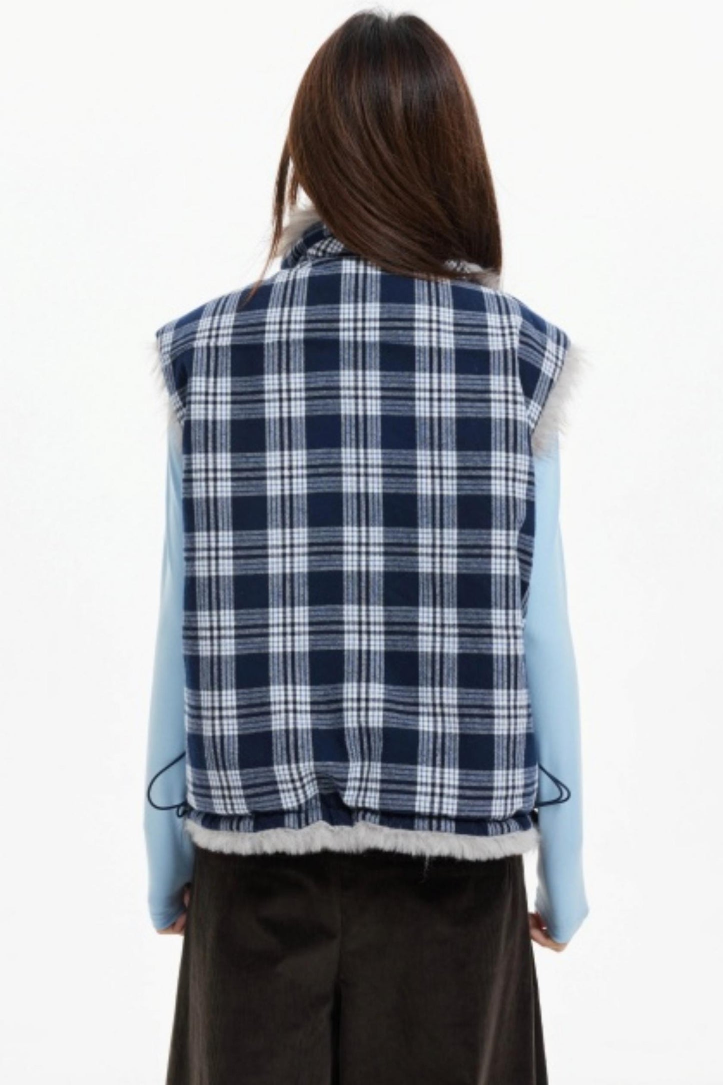 Plaid Lined Fur Vest Reversible Jacket