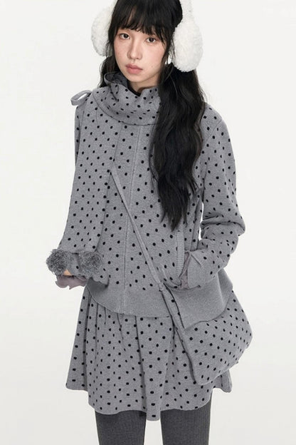 Polka Dot Hooded Knit Sweater Skirt Set-Up