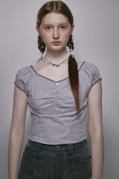 Nap Plaid Puff Sleeve Crop Top