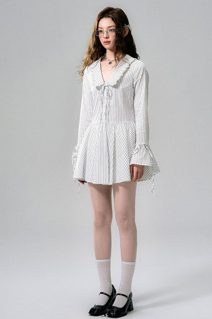 Striped Lace Bow Tie Long Sleeve Dress