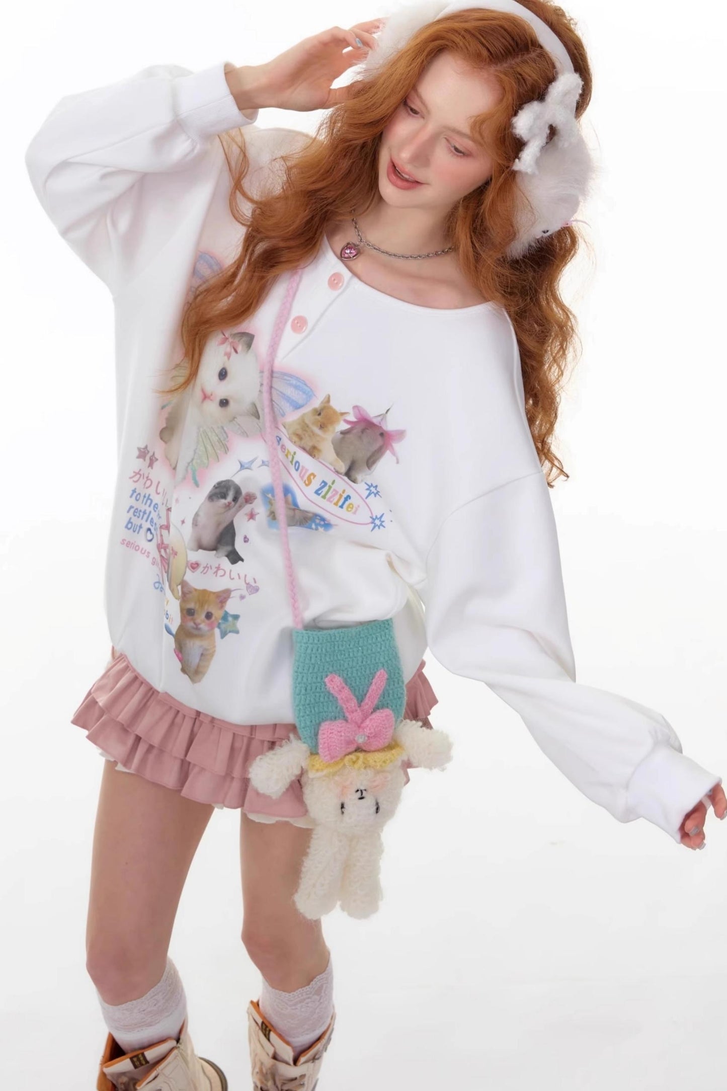 Cat Print Round Neck Sweatshirt