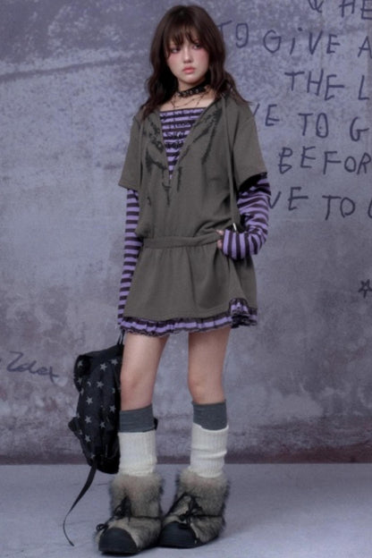 Purple Spirit Fake Two Hooded Dress