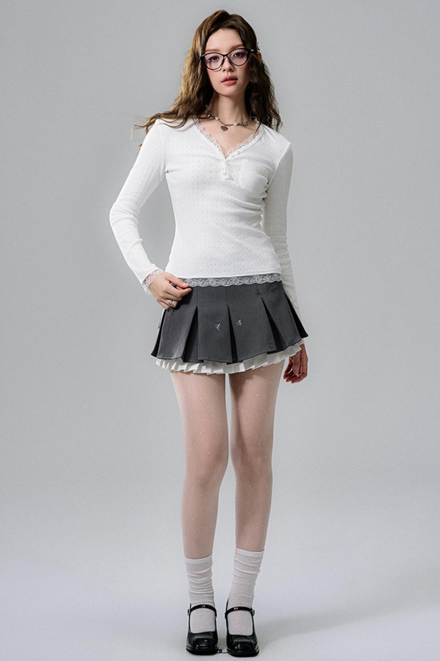 Lace-Trimmed V-Neck Henley Top