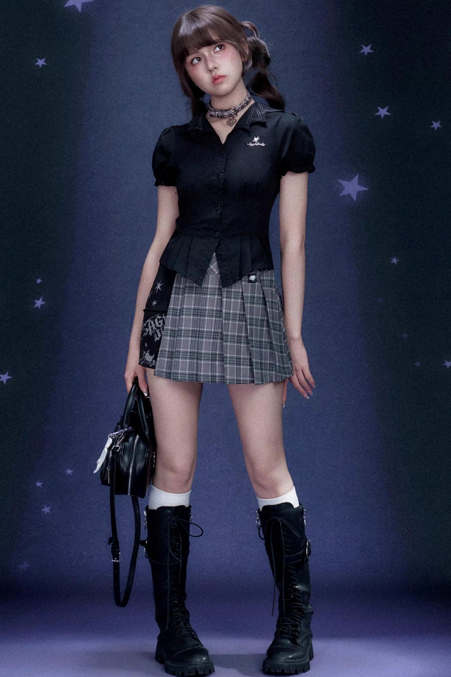 Plaid Graffiti Pleated Skirt Matching Set