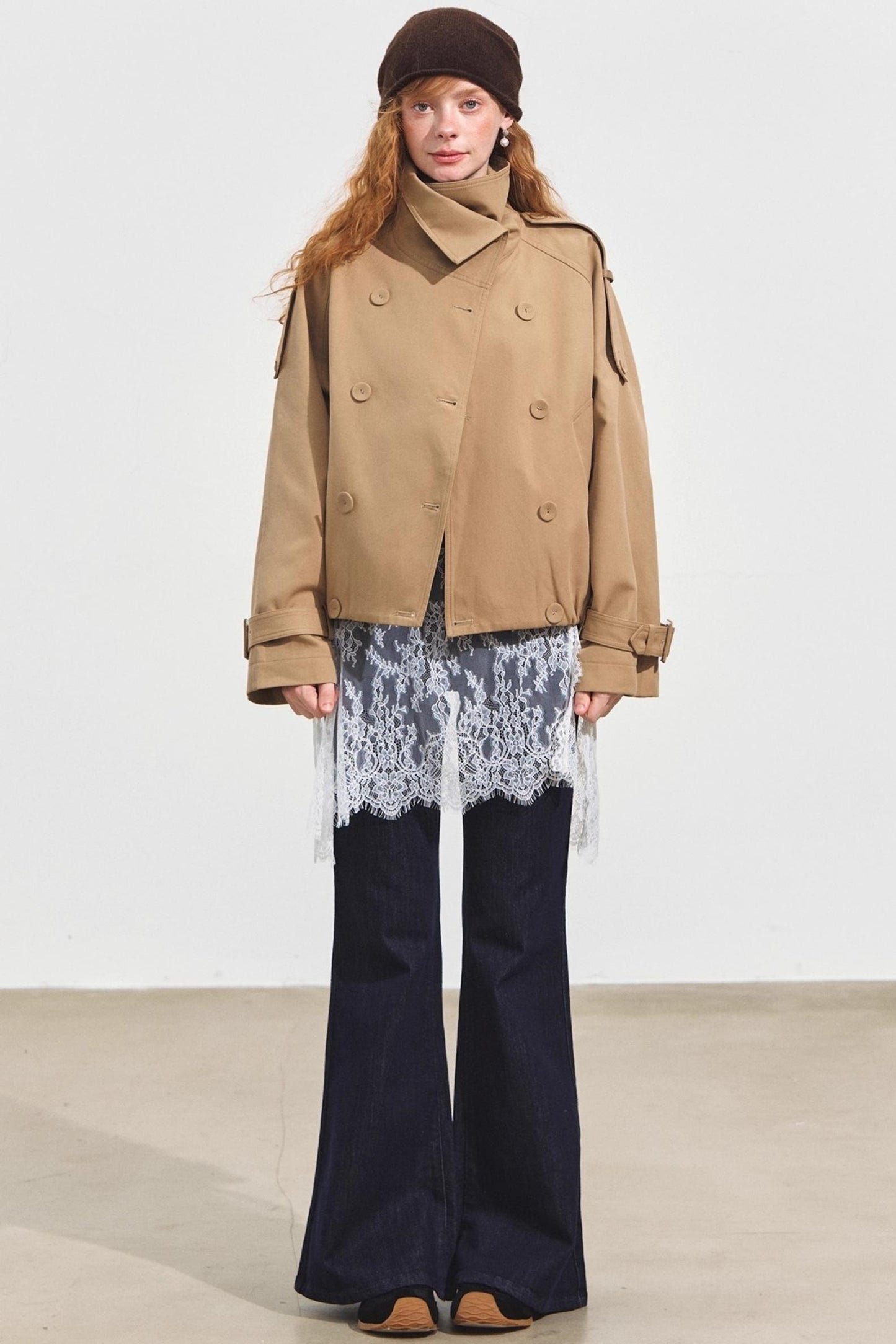 Slanted Stand-Up Collar Cropped Trench Coat