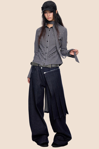 Detachable Pleated Denim Skirt Pants