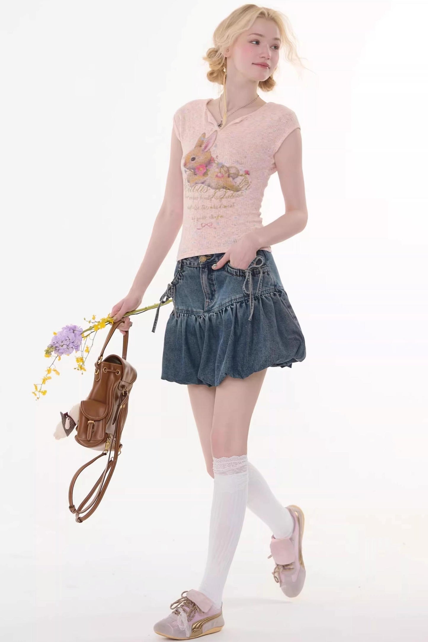 Sweet Bubble Bowknot Denim Skirt