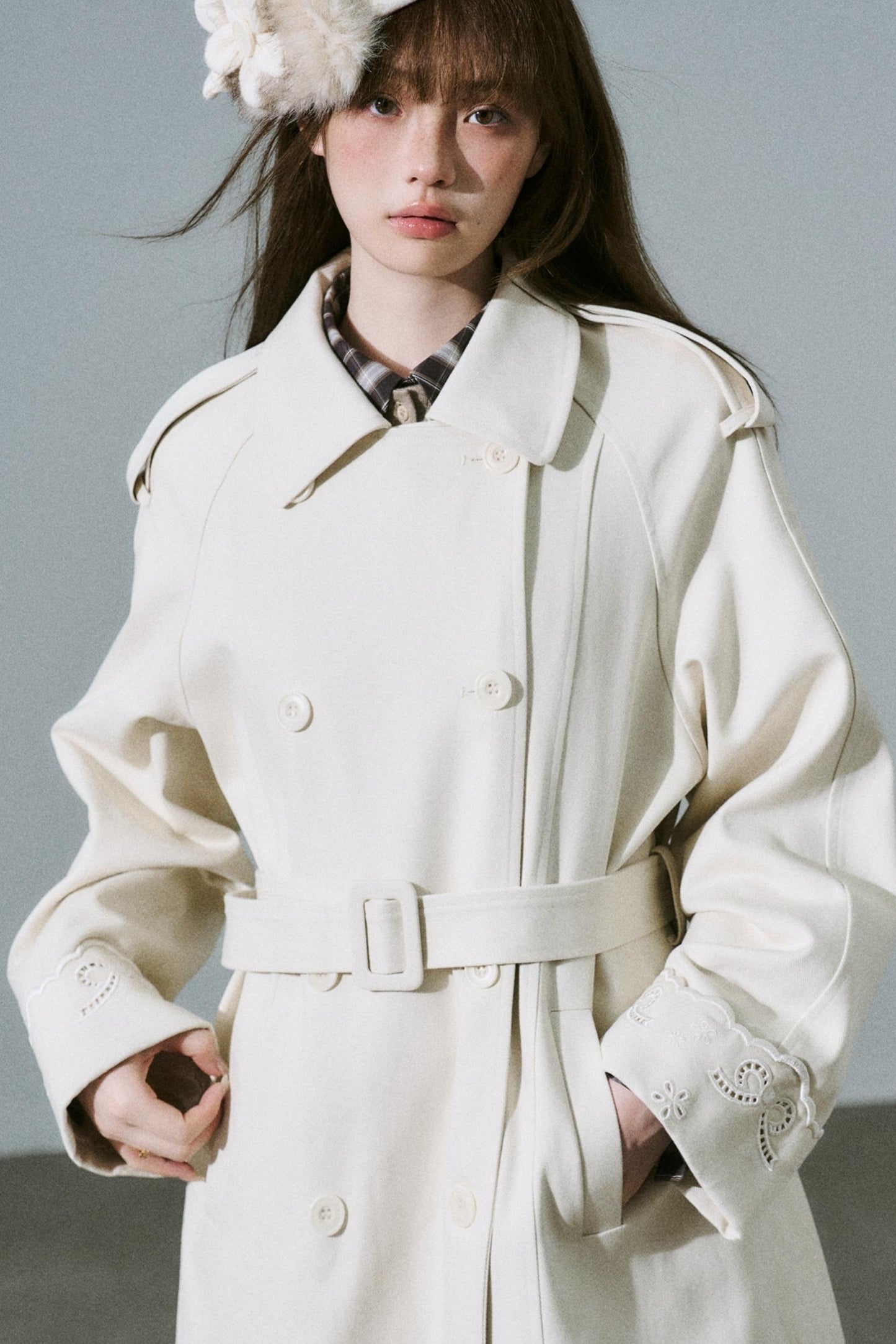 Creamy Hollow Flower Trench Coat