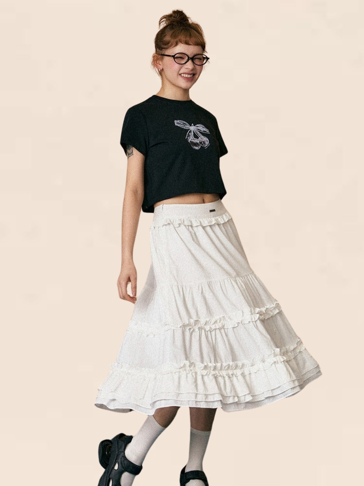 White Ruffle High-Waisted Skirt