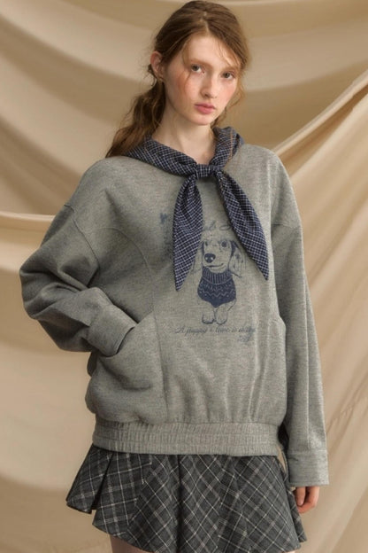 Vintage Dog Print Hooded Pullover Top