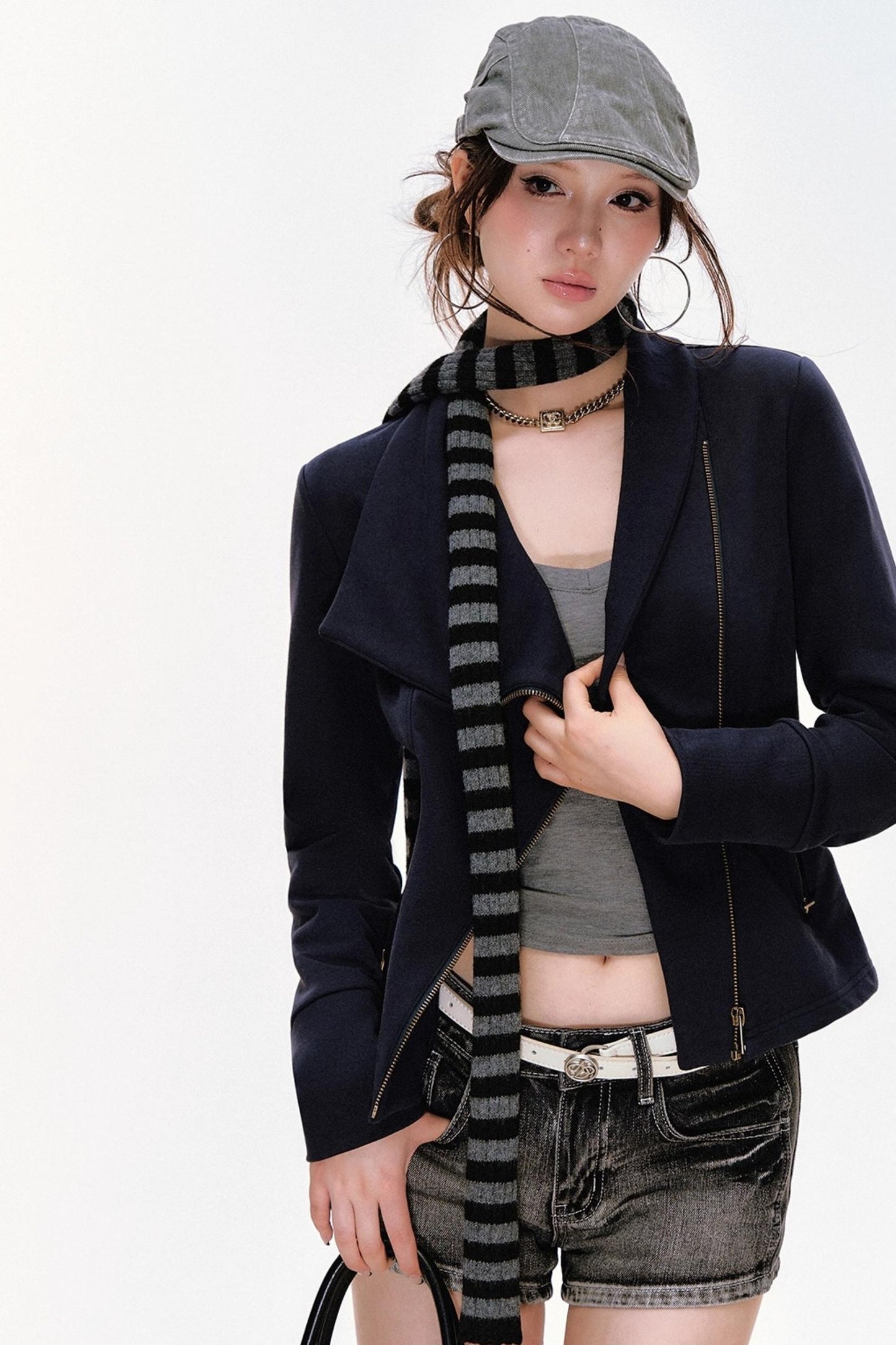 Lapel Diagonal Placket Short Jacket