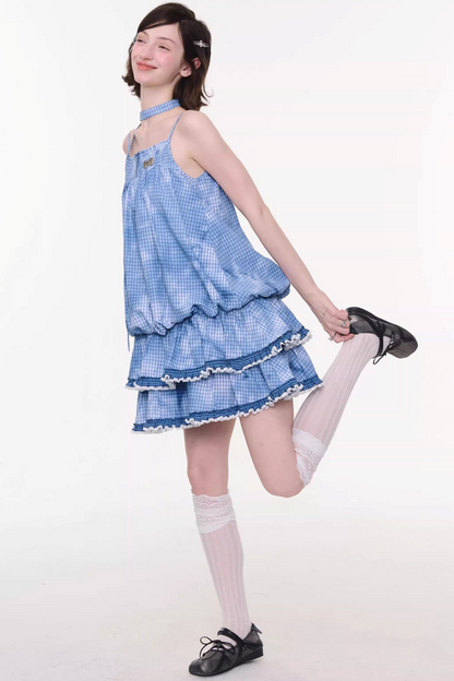 Summer Blue Plaid Lace Dress