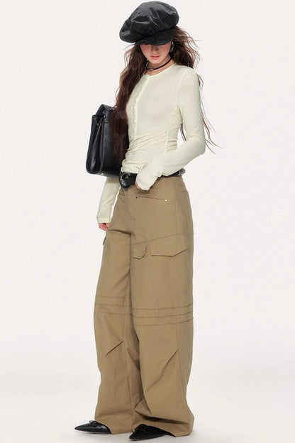High-Waisted Solid Color Wide-Leg Trousers