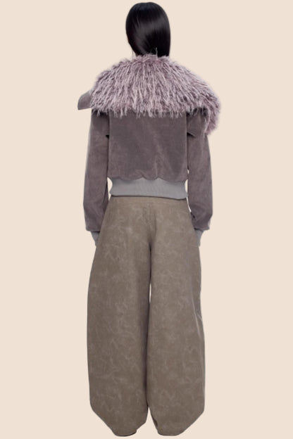 Faux Suede Fur Collar Coat