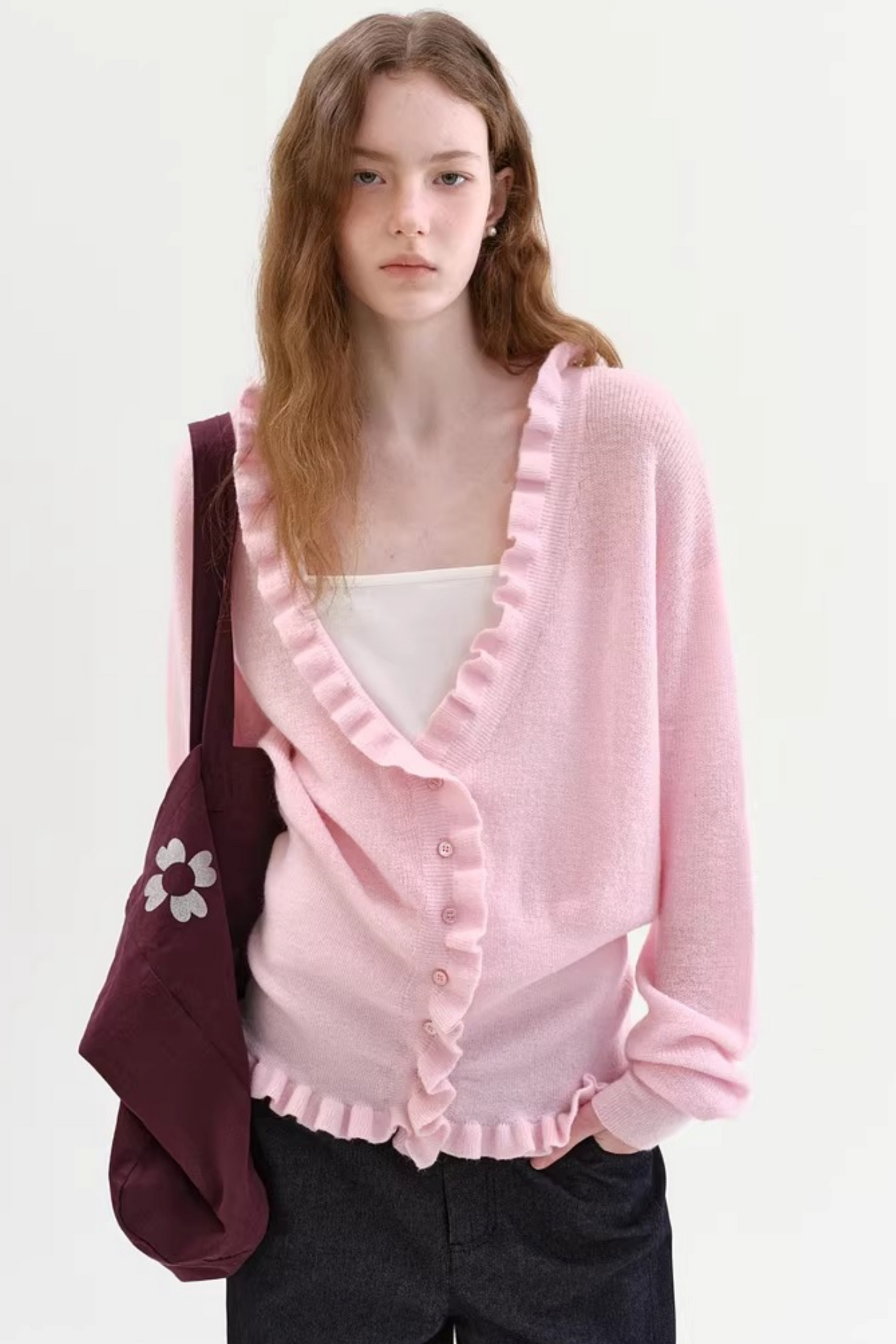 Mohair V-Neck Ruffled Sweater