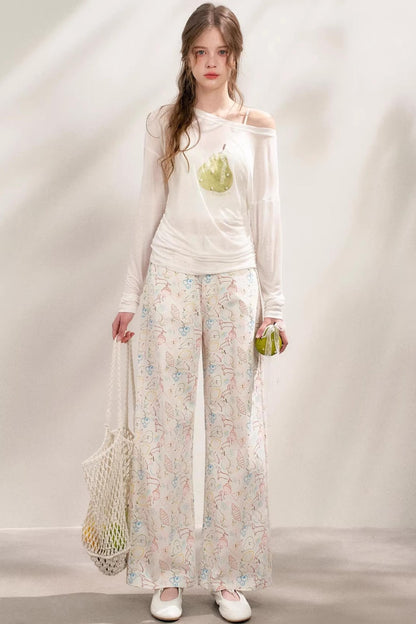 White Floral Wide-Leg Jeans