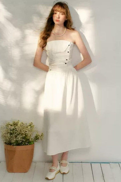 French Strapless Pleated A-Line Dress