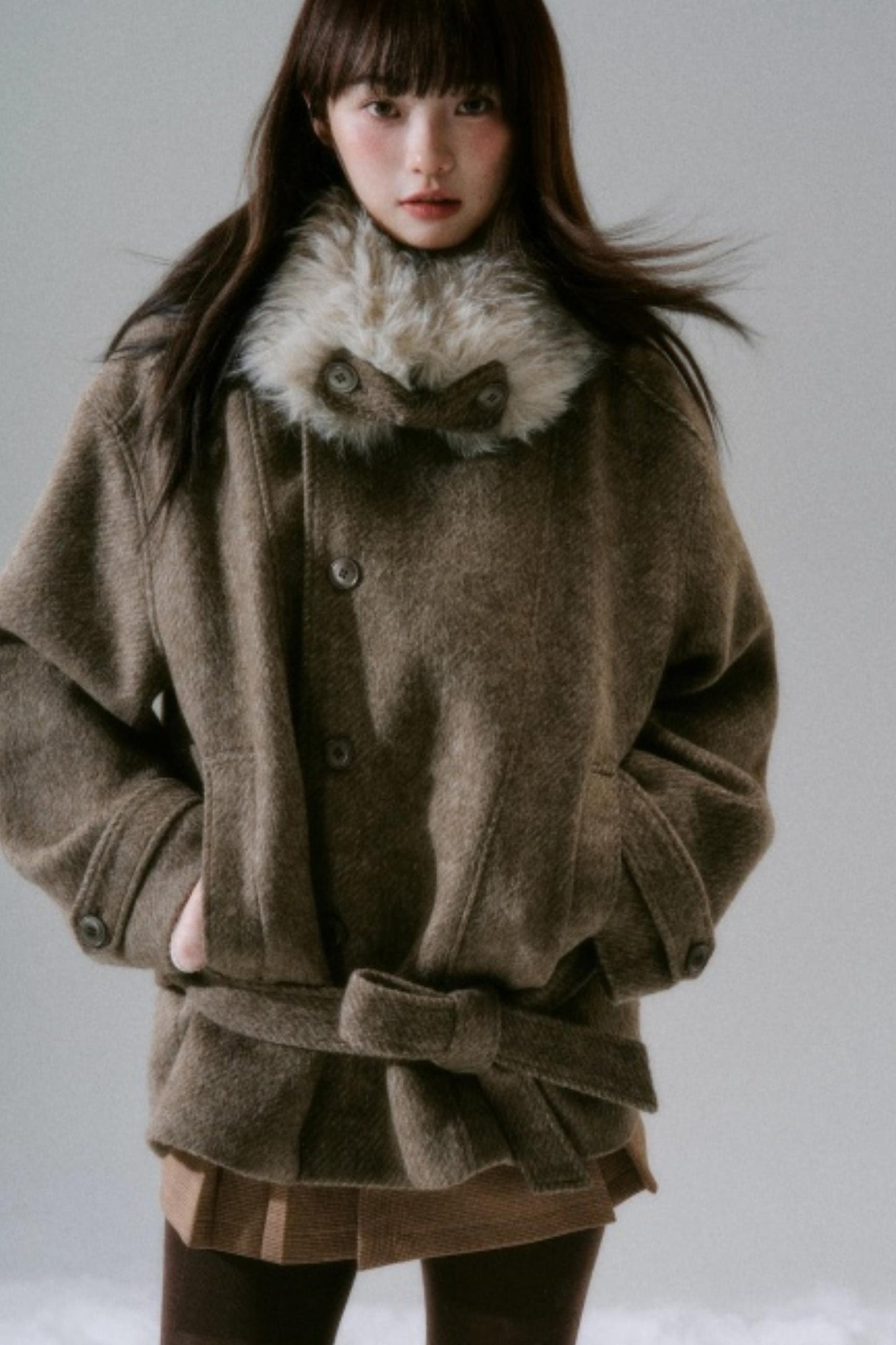 Bow Fur Collar Wool Coat