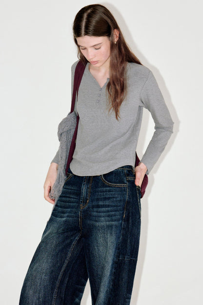 Button-Embellished Crew Neck Top