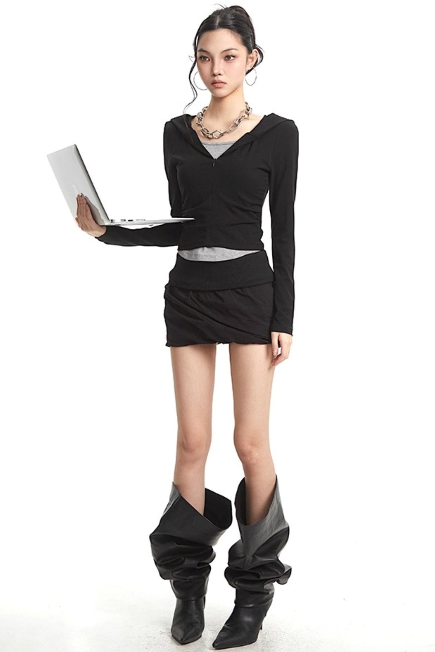 Black Hooded Long Sleeve T-Shirt