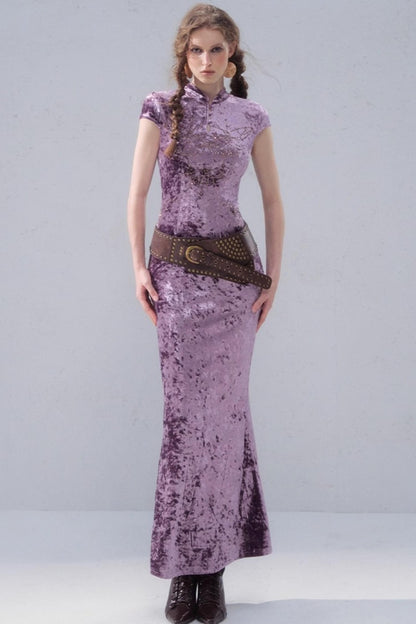 Porcelain Velvet Cheongsam Dress