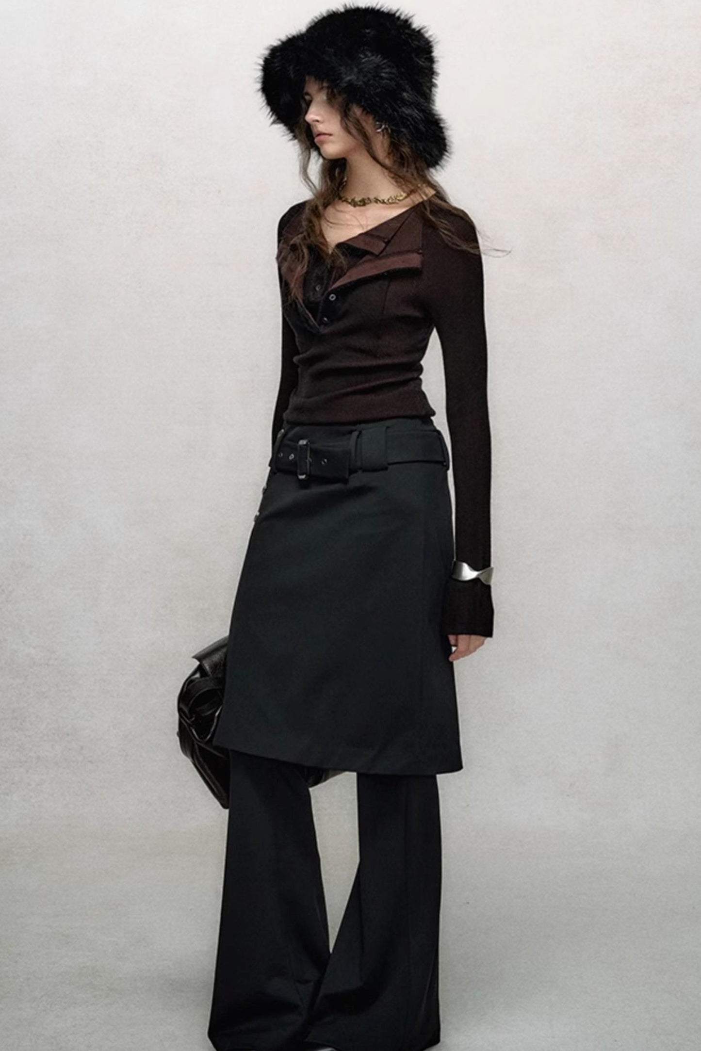 Fake Two-Piece Draped Flared Pants