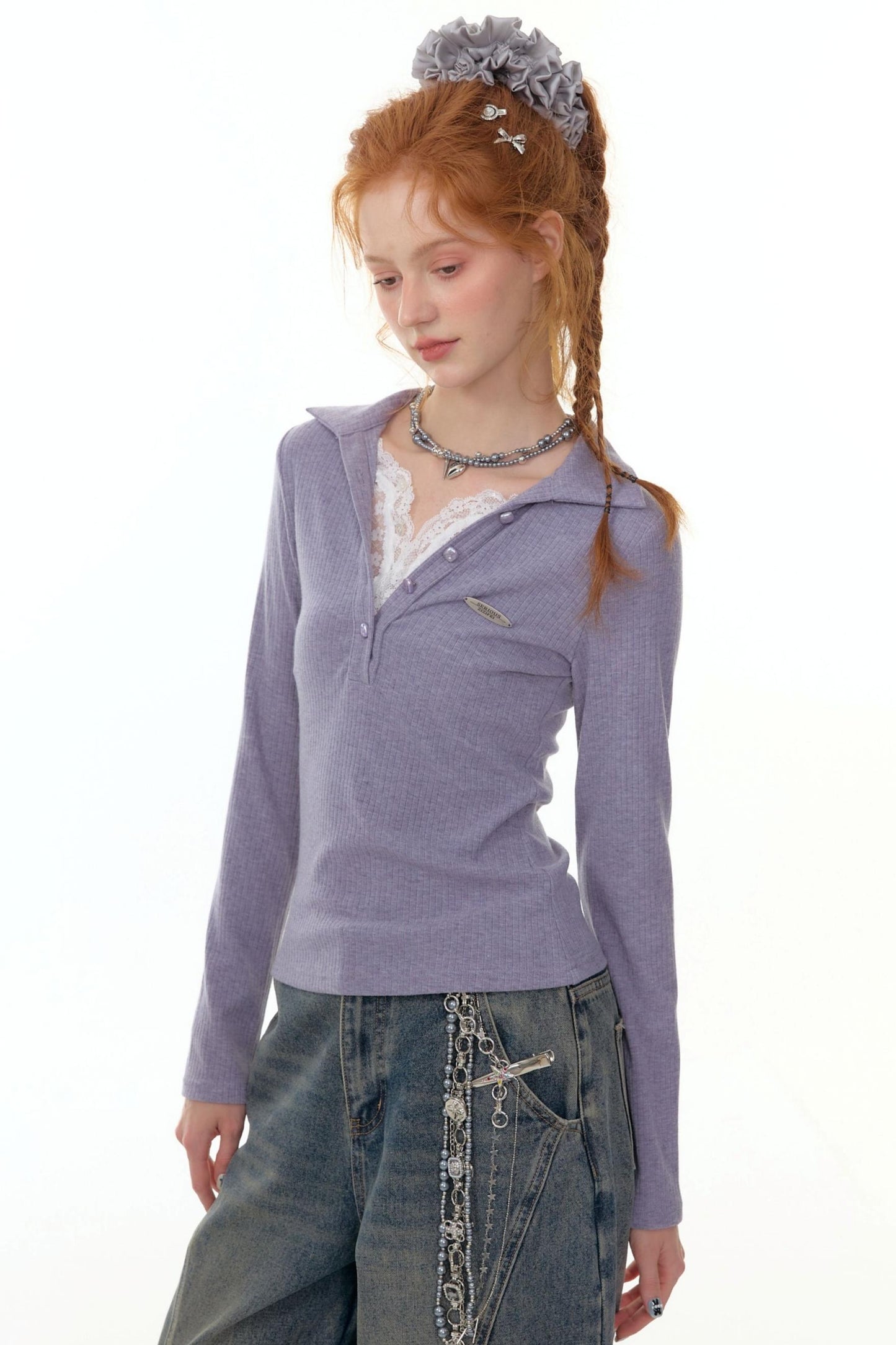 American Lace Polo Collar Knit Top