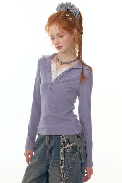 American Lace Polo Collar Knit Top