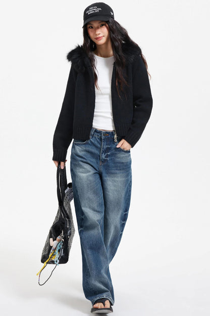 Knitted Sweater Jacket with Fur Collar