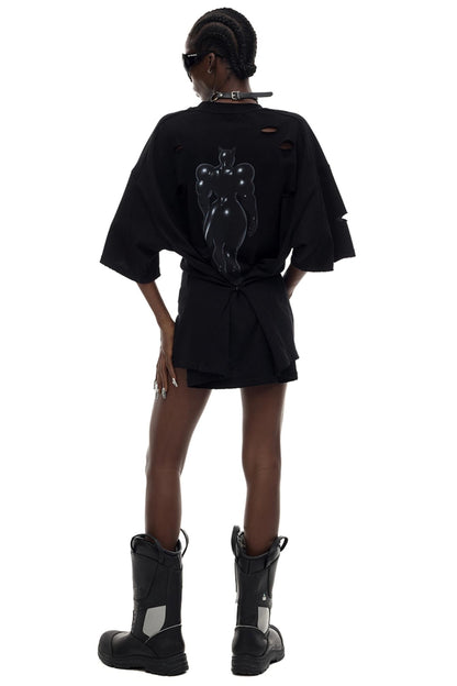 Cat Print Waist Black T-Shirt