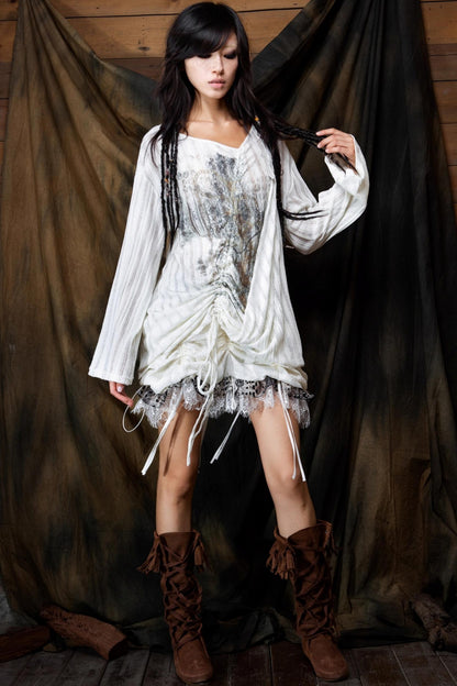 Vintage Lace-Up Knitted V-Neck T-Shirt