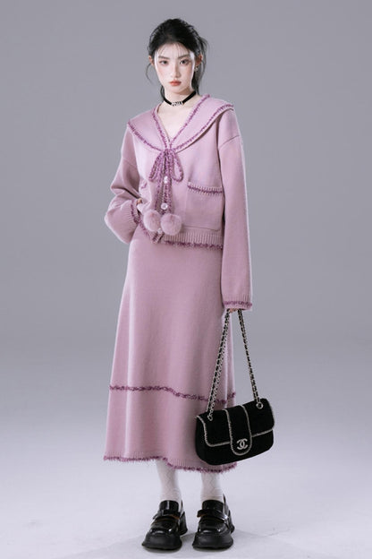 Pink Purple Fleece Wool Dress Set-Up