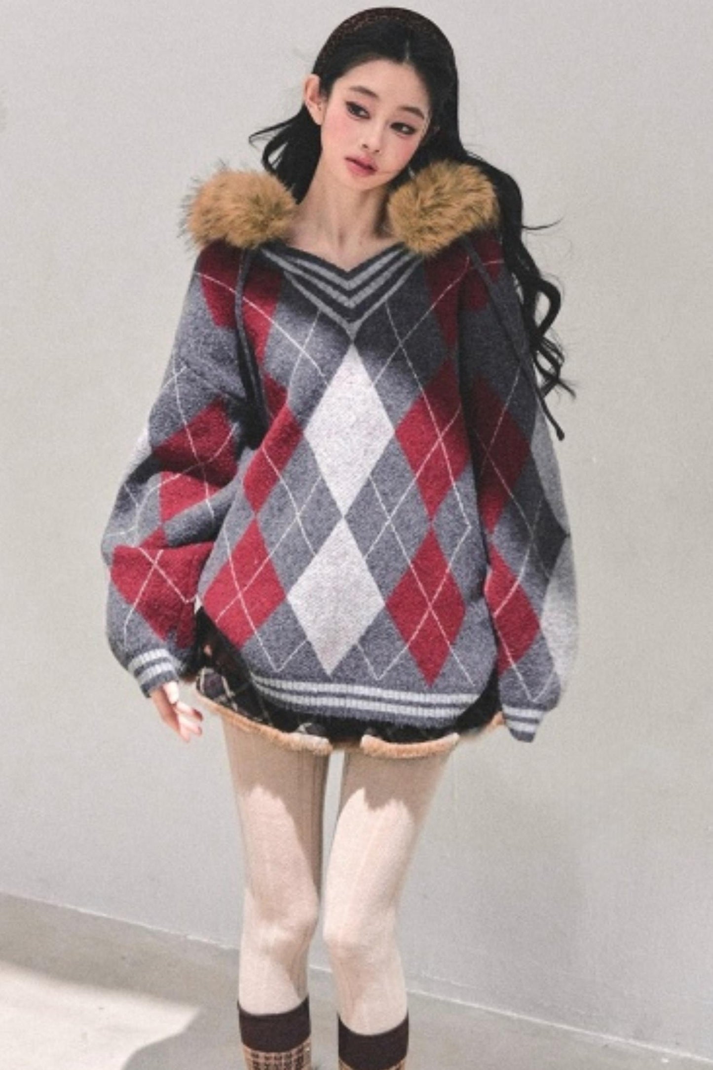 American College Style Fur Collar Sweater