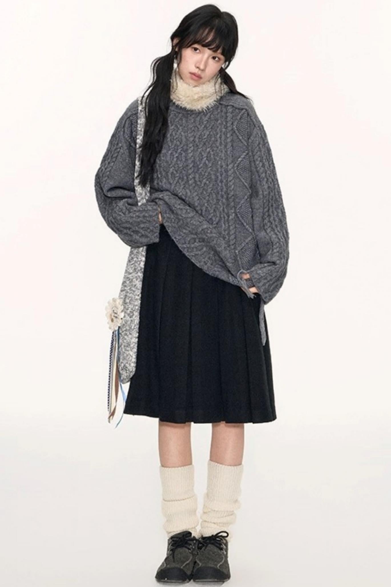 Crew Neck Crochet Cable Knit Sweater