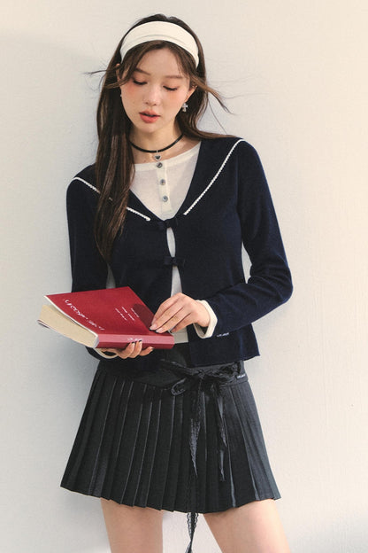 Sweet Navy Neck Knit Cardigan