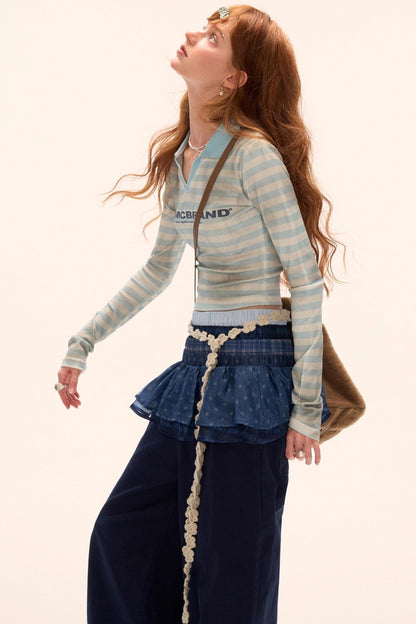 Distressed Striped Long Sleeve Polo Collar T-Shirt