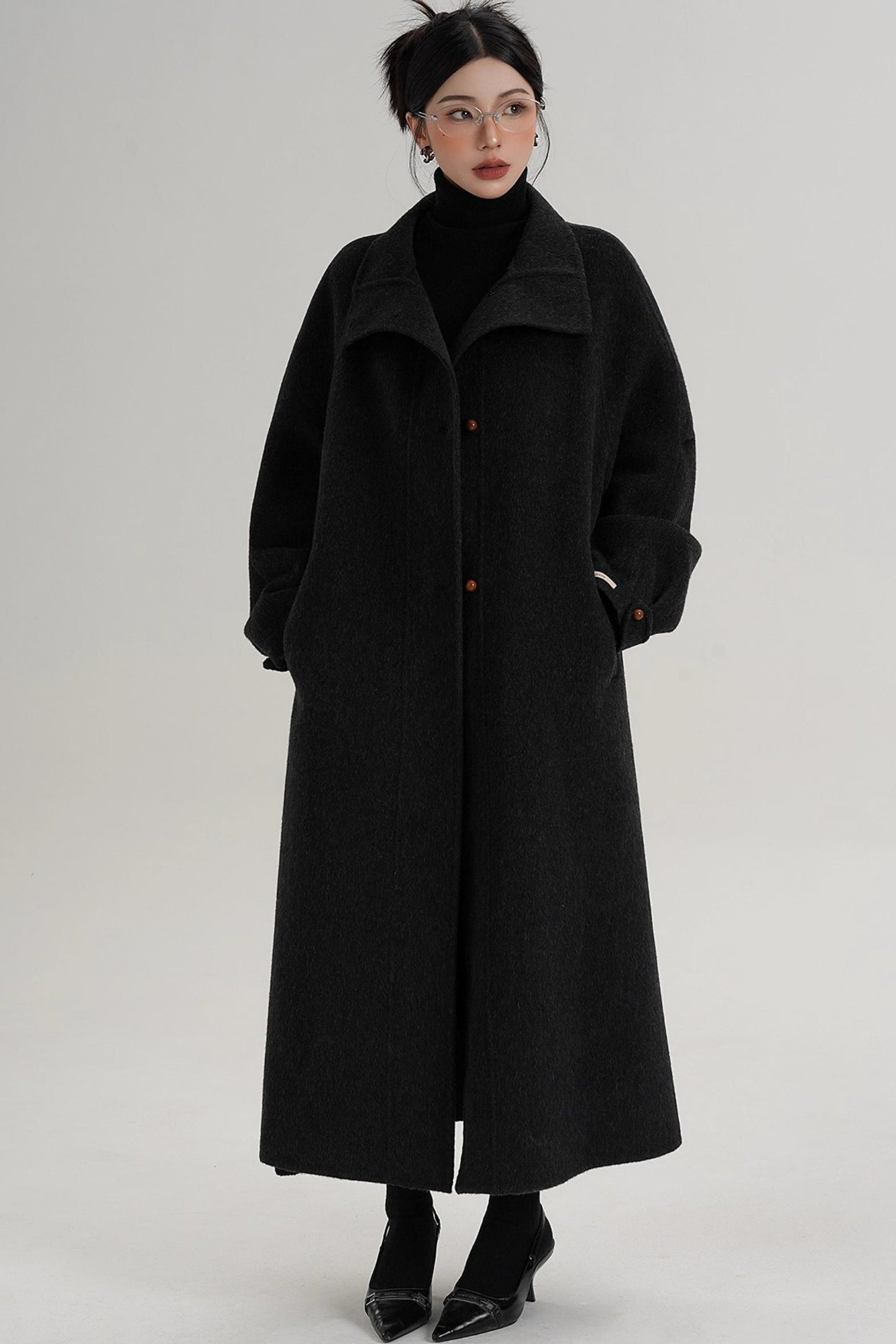 Elegant High-Neck Long Wool Coat