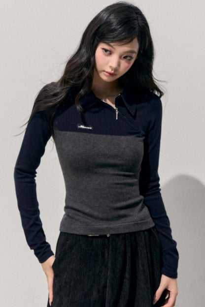 American Long-Sleeve Polo Collar Knit Top
