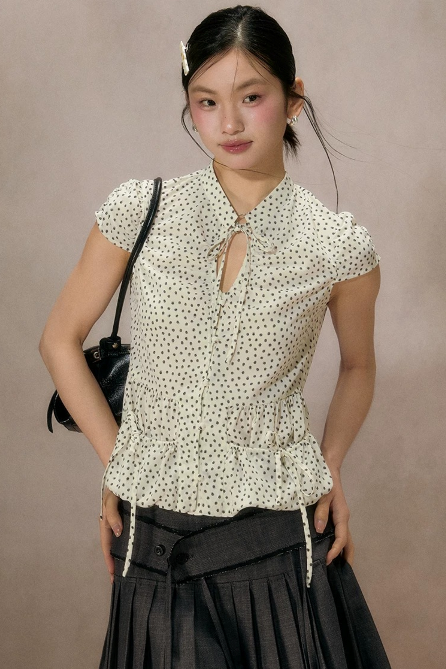 Retro Polka Dot Puff Sleeve Shirt
