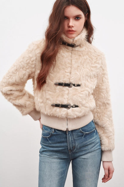 Leather Stand-Up Collar Woolen Short Jacket