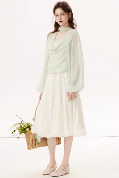 Lantern Sleeve Ribbon Blouse