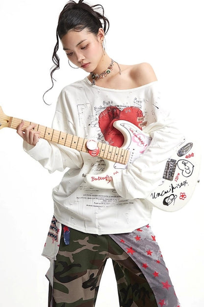 Vintage Love Print Slanted Shoulder T-Shirt